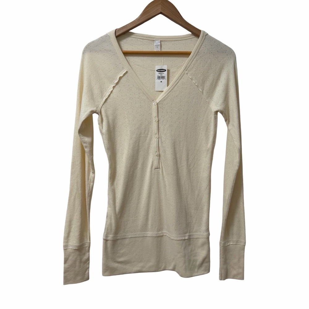 VTG Old Navy Womens Y2K Henley Long Sleeve Pointelle Top Size M Ivory Fitted NEW
